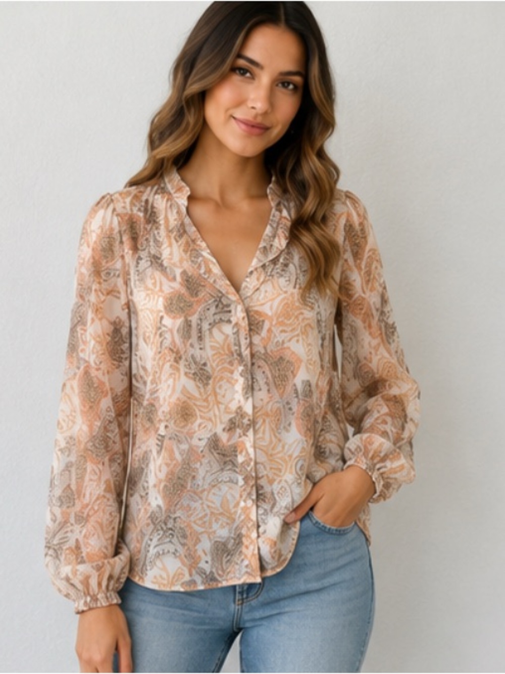 Jessica Simpson Peach Multi Paisley Ruffle V-Neck Blouse